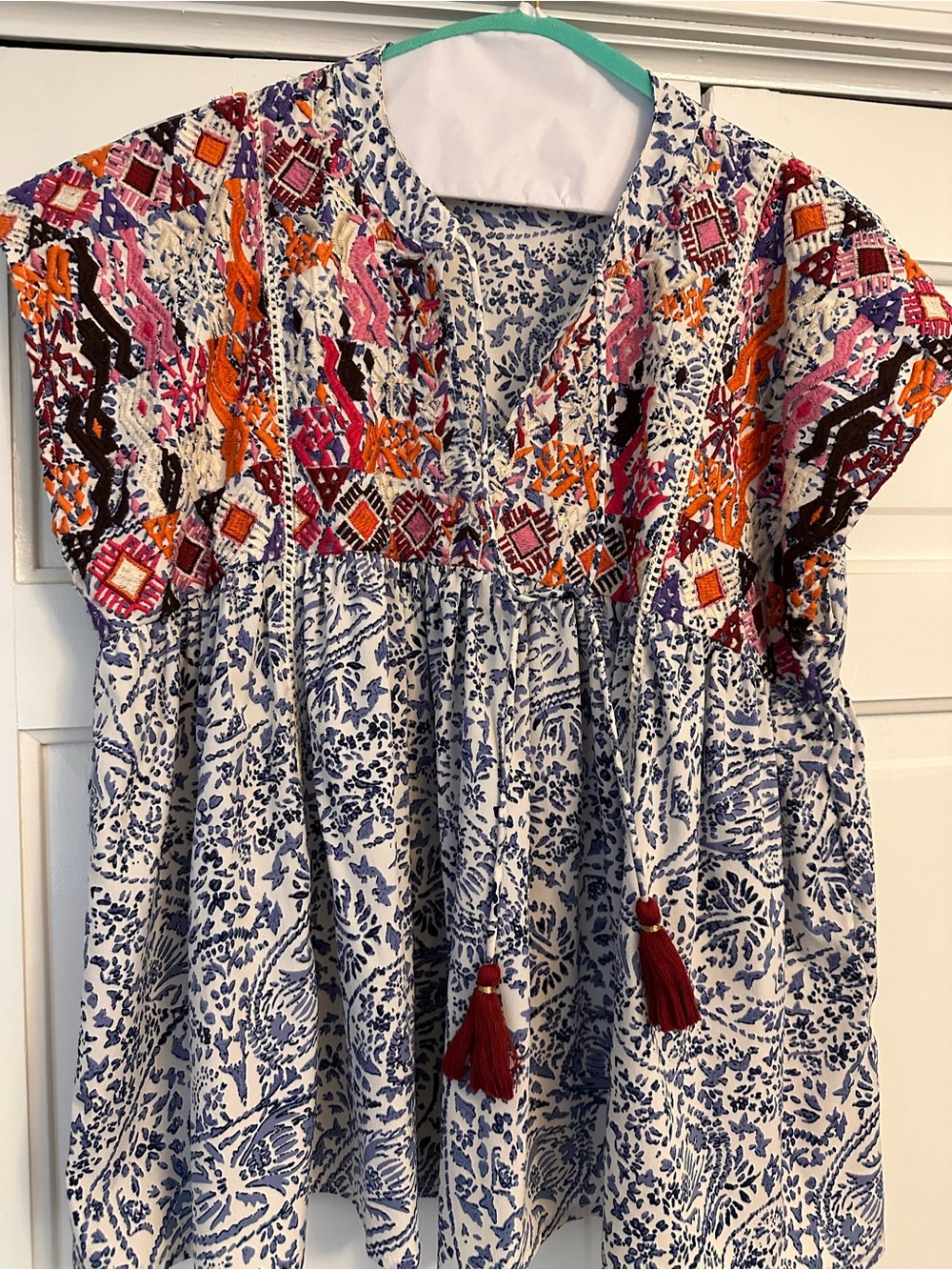 THML Blue & Multi Embroidered V-Neck Tunic